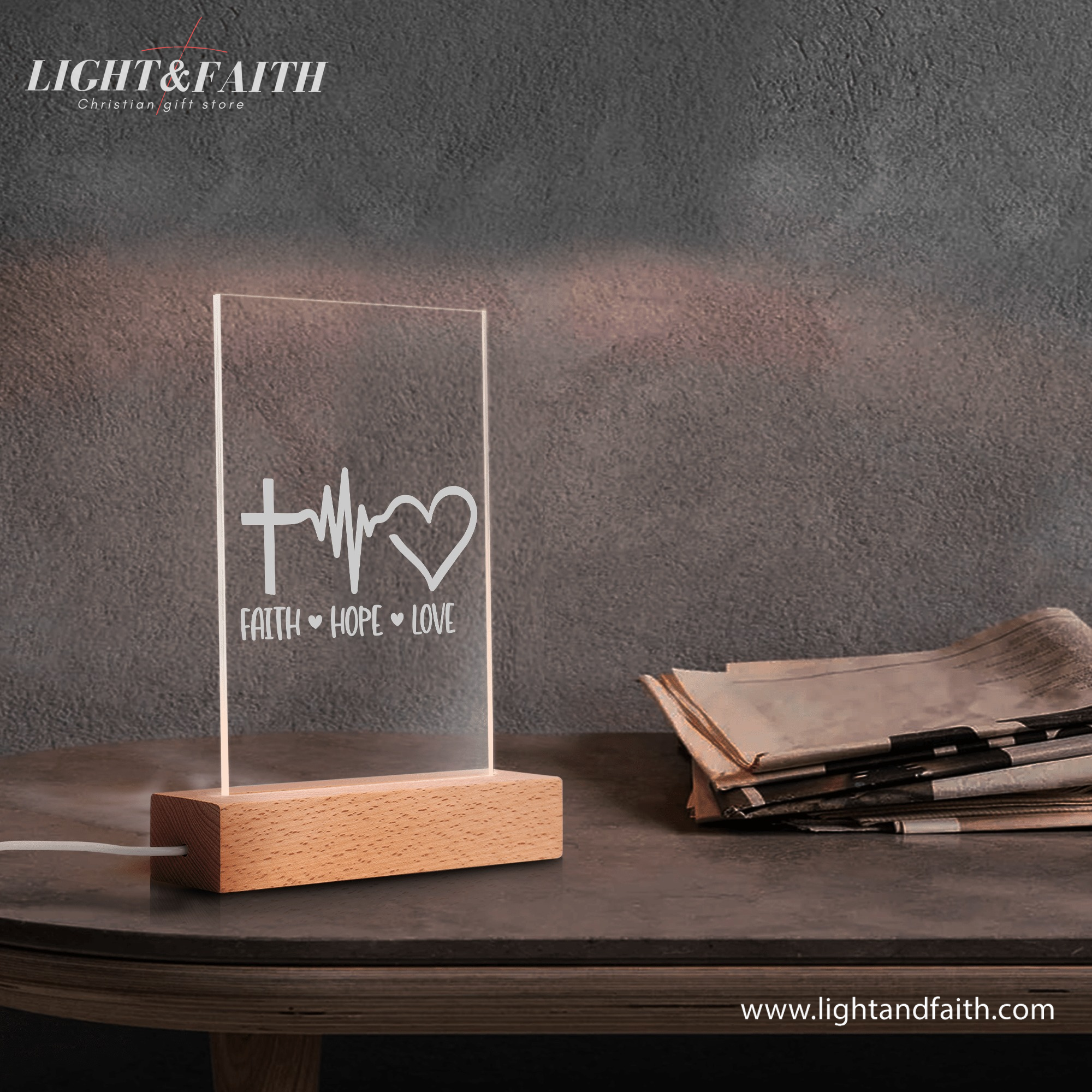 Faith - Hope - Love LED Light, Christian Bible Verse Lamp, Inspirational Acrylic Night Light, Religious Home Decor, Faith Gift for Believers. NLLAF18